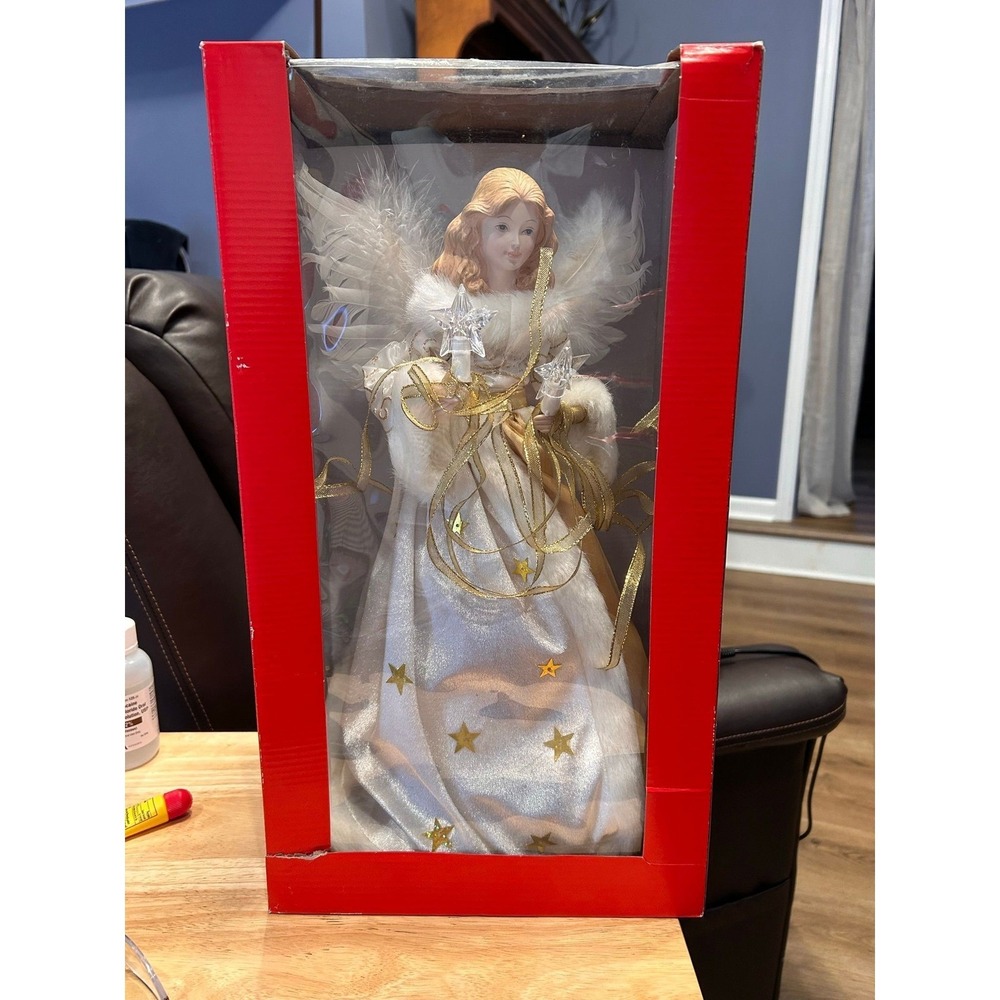 Kurt Adler NIB 12" light up cermic Angel Tree Topper with feathered wings